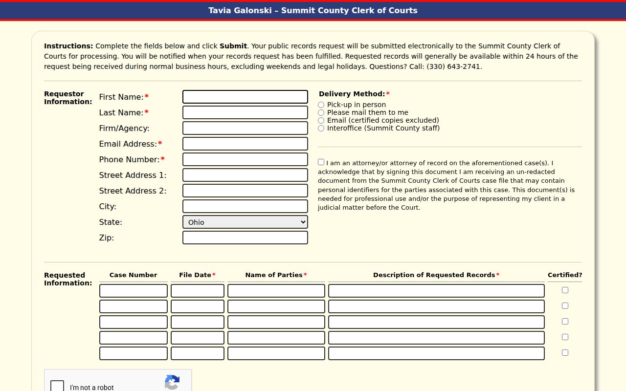 Bath Township resident lookup image of the Summit County Clerk electronic records request form